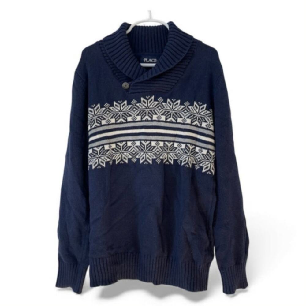 The Children's Place Boys Fairisle Shawl Neck Sweater Blue Boys Size‎ 7/8 Medium